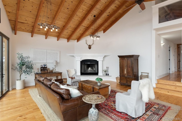 living room with ceiling fan, high vaulted ceiling, wooden ceiling, light hardwood / wood-style flooring, and beam ceiling