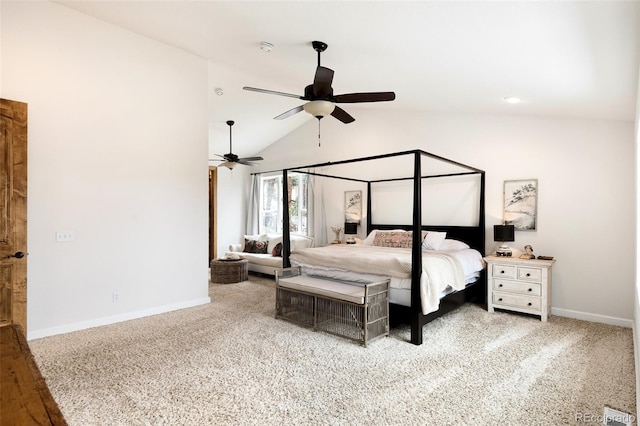 bedroom featuring vaulted ceiling, ceiling fan, and carpet flooring