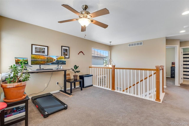 exercise room featuring recessed lighting, ceiling fan, visible vents, and carpet