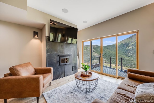 living room with light wood-type flooring and a glass covered fireplace