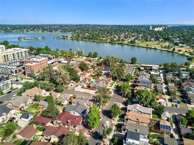 drone / aerial view with a water view