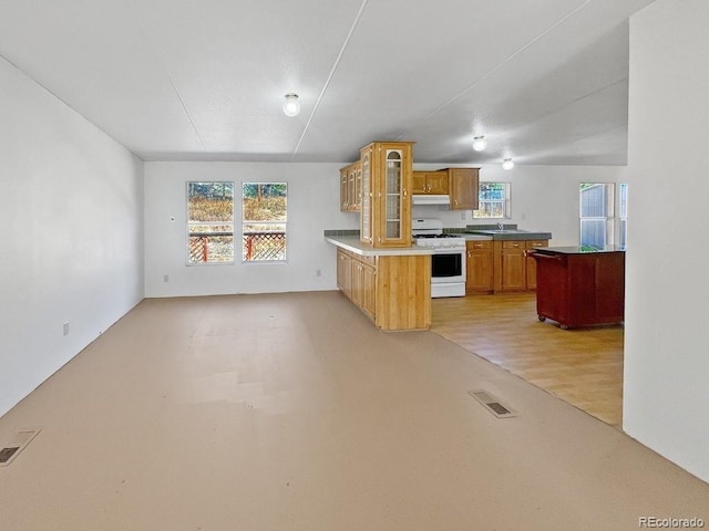 kitchen featuring kitchen peninsula, white gas stove, and light wood-type flooring