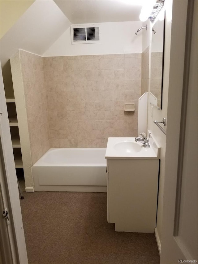 2122 E 13th Ave, Denver, CO 80206 - bathroom featuring a bath, visible vents, lofted ceiling, walk in shower, and vanity