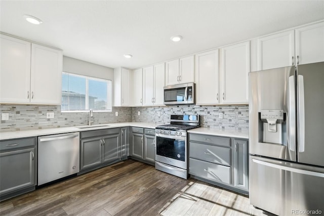 kitchen featuring appliances with stainless steel finishes, dark hardwood / wood-style flooring, gray cabinetry, sink, and white cabinets