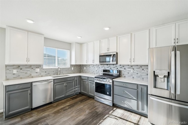 kitchen with backsplash, dark hardwood / wood-style flooring, stainless steel appliances, sink, and gray cabinets