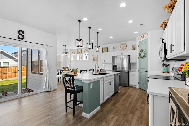 kitchen with white cabinets, dark wood-type flooring, an island with sink, and stainless steel appliances