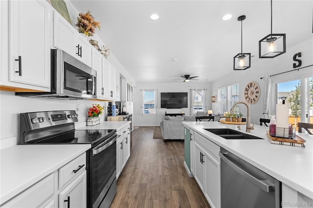 kitchen featuring white cabinets, stainless steel appliances, dark wood-type flooring, and sink