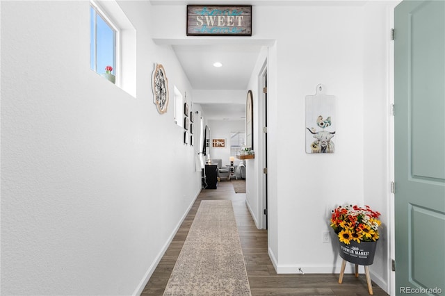 corridor featuring dark wood-type flooring