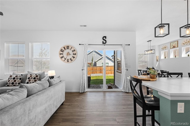 living room with a wealth of natural light and dark hardwood / wood-style flooring