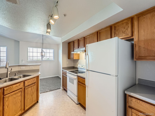 5705 N Genoa Way Unit 308, Aurora, CO 80019 - kitchen with white appliances, under cabinet range hood, a sink, brown cabinets, and decorative light fixtures