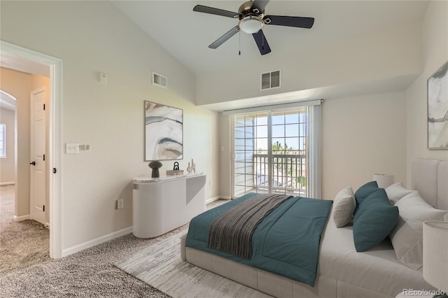 5705 N Genoa Way Unit 308, Aurora, CO 80019 - bedroom with arched walkways, carpet flooring, baseboards, high vaulted ceiling, and a ceiling fan