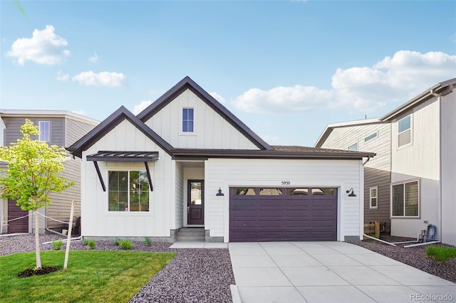 5930 S Platte Canyon Dr, Littleton, CO 80123 - modern inspired farmhouse featuring board and batten siding, a garage, concrete driveway, and a front lawn