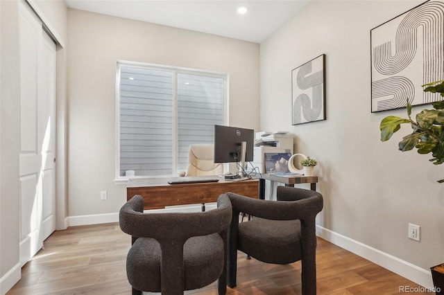 5930 S Platte Canyon Dr, Littleton, CO 80123 - home office with wood finished floors, baseboards, and recessed lighting