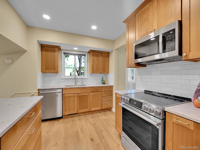 7168 S Lafayette Way, Centennial, CO 80122 - kitchen with appliances with stainless steel finishes, light wood finished floors, backsplash, and recessed lighting