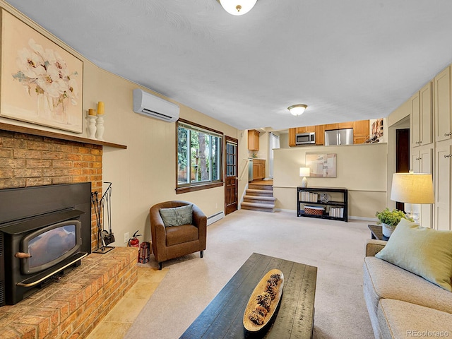 7168 S Lafayette Way, Centennial, CO 80122 - living room featuring a wall mounted AC, a baseboard heating unit, stairs, a wood stove, and light colored carpet