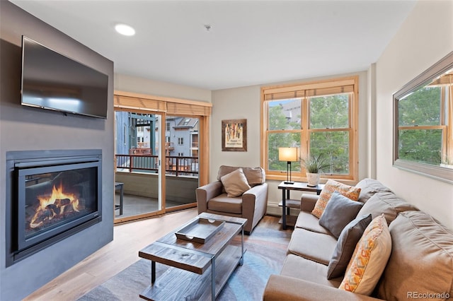 living room with light wood-style flooring and a glass covered fireplace