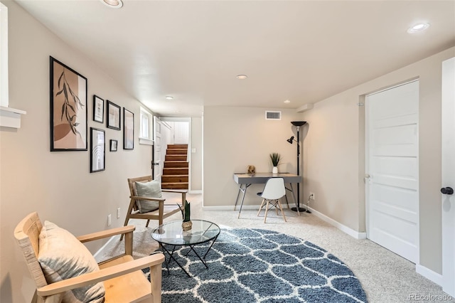 living area featuring baseboards, visible vents, recessed lighting, stairway, and carpet floors