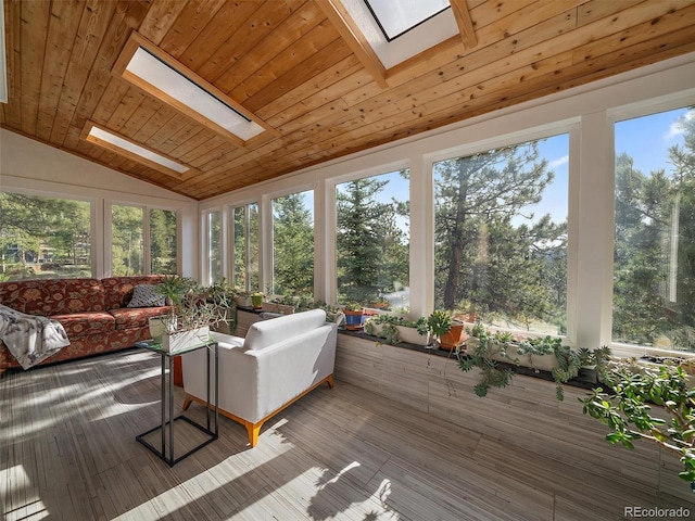 31518 Niakwa Rd, Evergreen, CO 80439 - sunroom / solarium featuring a skylight, vaulted ceiling, and wooden ceiling