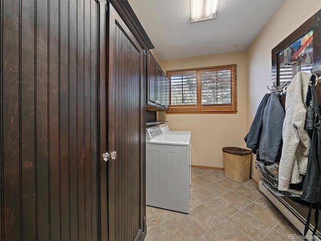 31518 Niakwa Rd, Evergreen, CO 80439 - laundry room with cabinet space, separate washer and dryer, a baseboard heating unit, and light tile patterned floors