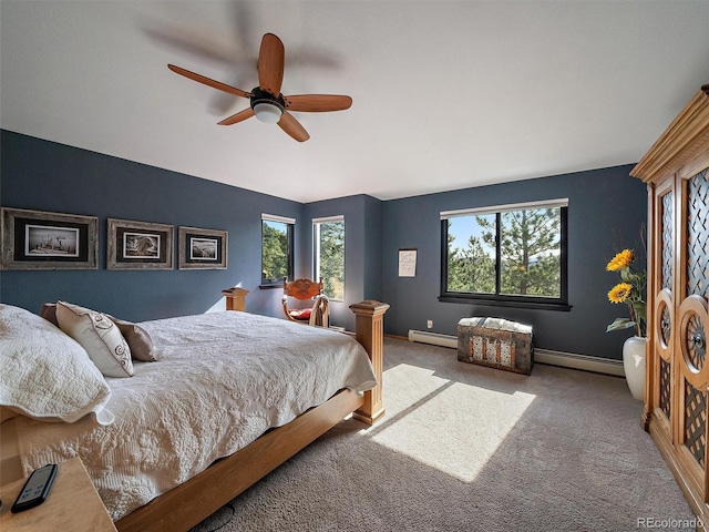 31518 Niakwa Rd, Evergreen, CO 80439 - bedroom featuring a baseboard heating unit, carpet, baseboards, and a ceiling fan