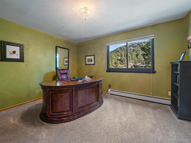 31518 Niakwa Rd, Evergreen, CO 80439 - office area featuring a baseboard heating unit, carpet floors, and baseboards