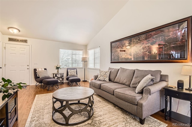 living room with light hardwood / wood-style floors and lofted ceiling