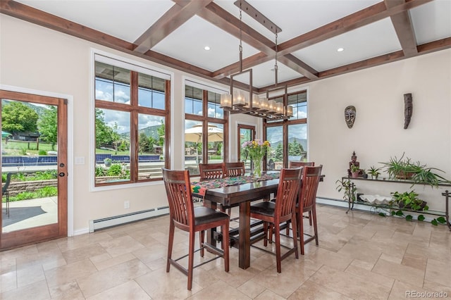5727 Colorow Dr, Morrison, CO 80465 - dining space with baseboard heating, a chandelier, coffered ceiling, beamed ceiling, and baseboards
