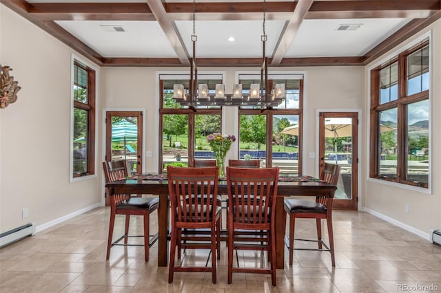 5727 Colorow Dr, Morrison, CO 80465 - dining space with coffered ceiling, a baseboard radiator, baseboards, a chandelier, and beam ceiling