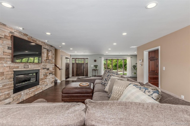 5727 Colorow Dr, Morrison, CO 80465 - living area featuring recessed lighting, a fireplace, baseboards, and wood finished floors