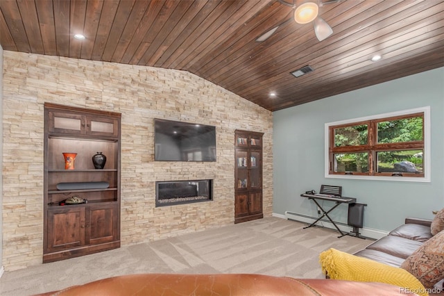 5727 Colorow Dr, Morrison, CO 80465 - carpeted living area with wood ceiling, lofted ceiling, baseboards, a fireplace, and a baseboard heating unit
