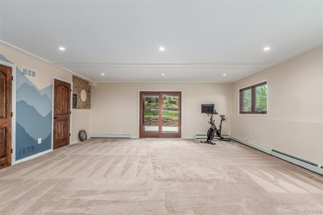 5727 Colorow Dr, Morrison, CO 80465 - exercise area featuring baseboard heating, carpet flooring, recessed lighting, baseboards, and ornamental molding