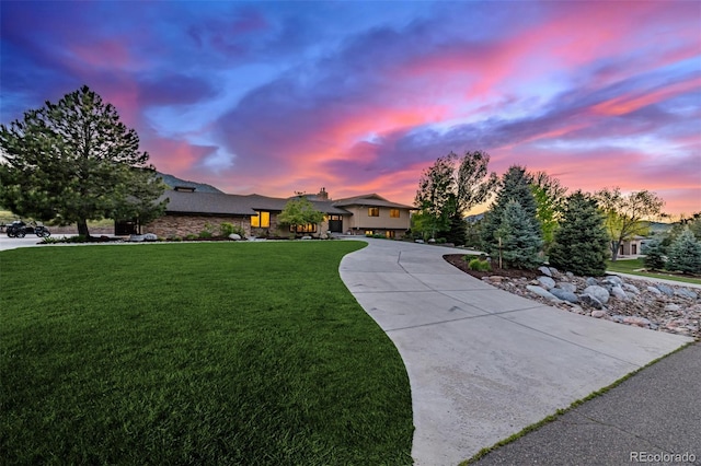 5727 Colorow Dr, Morrison, CO 80465 - split level home featuring curved driveway, a lawn, and stone siding