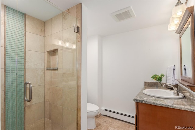 5727 Colorow Dr, Morrison, CO 80465 - full bathroom featuring a baseboard radiator, vanity, a stall shower, and toilet