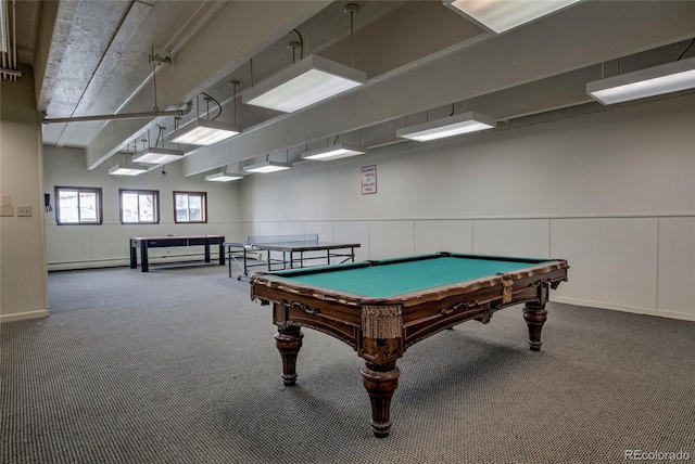1153 Straight Creek Dr Unit F102, Dillon, CO 80435 - recreation room featuring carpet floors, billiards, a baseboard radiator, and wainscoting