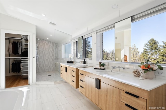 bathroom with vanity and independent shower and bath