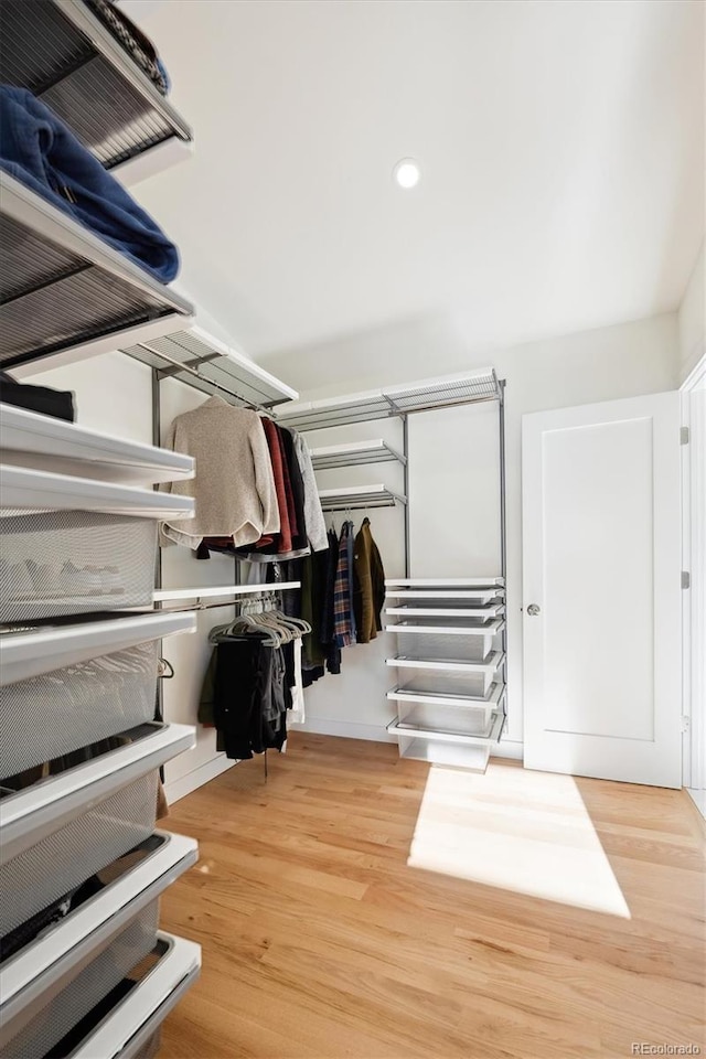 walk in closet with hardwood / wood-style flooring