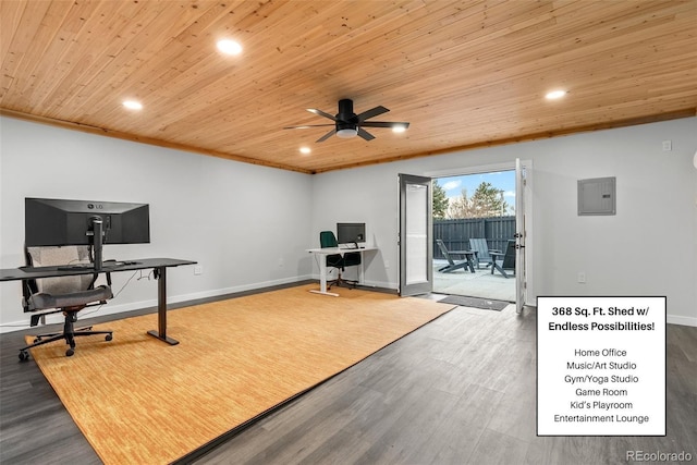 office area featuring wood-type flooring, electric panel, ceiling fan, crown molding, and wooden ceiling