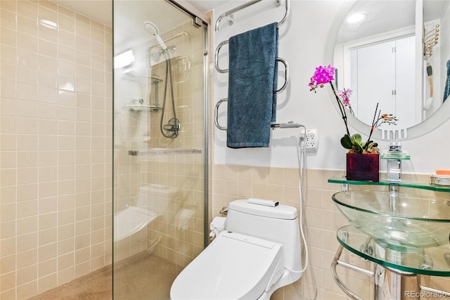 bathroom featuring tile walls, toilet, and walk in shower