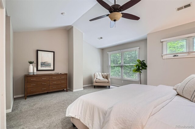 222 S Monroe St, Denver, CO 80209 - bedroom with multiple windows, vaulted ceiling, light carpet, a ceiling fan, and baseboards