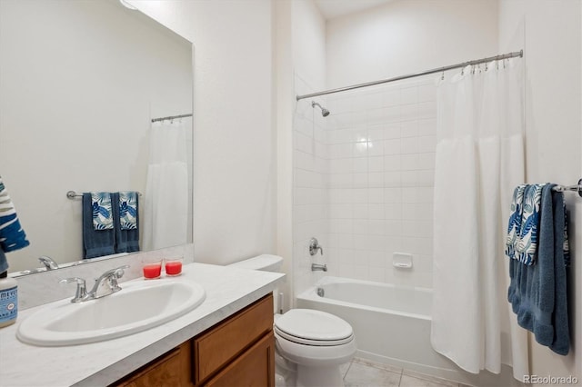 full bathroom with toilet, tile patterned floors, vanity, and shower / bathtub combination with curtain