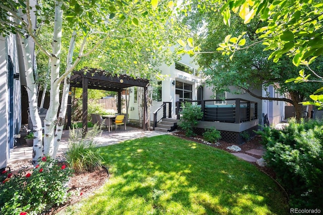 view of yard featuring a patio area, a pergola, and fence