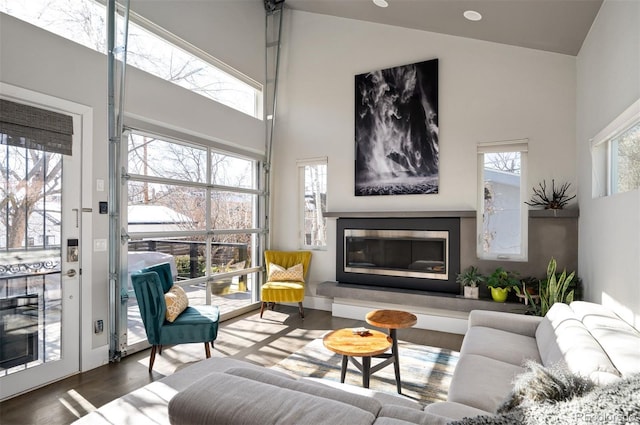 living room featuring a glass covered fireplace, a towering ceiling, and wood finished floors