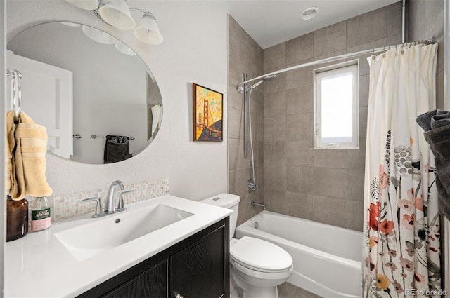 full bathroom with backsplash, shower / bath combination with curtain, toilet, and vanity