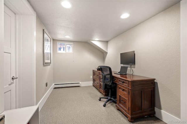 office area featuring baseboards, recessed lighting, a textured ceiling, a baseboard heating unit, and light carpet