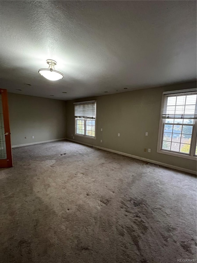 spare room featuring carpet and a textured ceiling