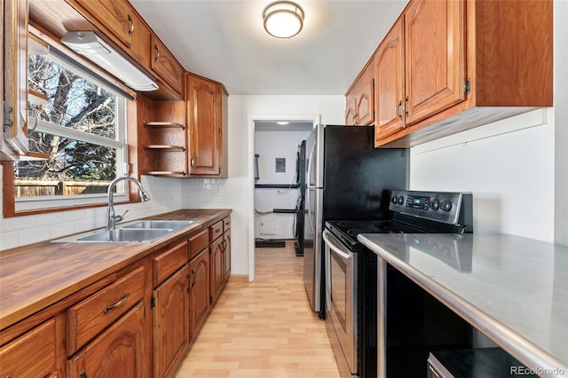 kitchen with a sink, wooden counters, stainless steel electric range, backsplash, and brown cabinetry