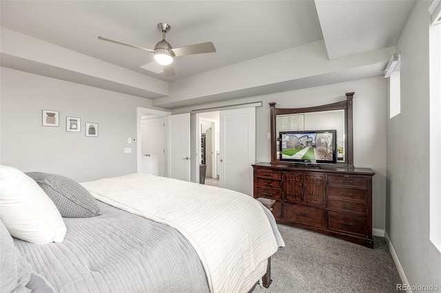 bedroom with carpet, ceiling fan, and baseboards