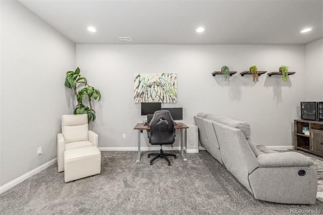 carpeted home office featuring recessed lighting, visible vents, and baseboards