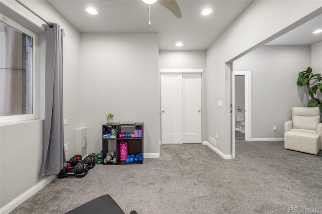 game room featuring ceiling fan, recessed lighting, carpet flooring, and baseboards