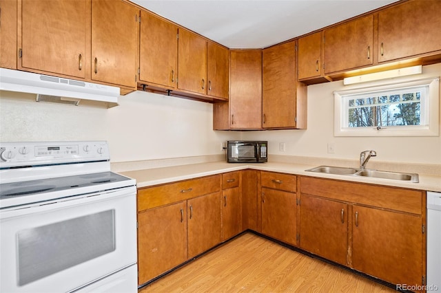 15071 County Road 306, Buena Vista, CO 81211 - kitchen featuring white appliances, under cabinet range hood, a sink, light wood-type flooring, and light countertops